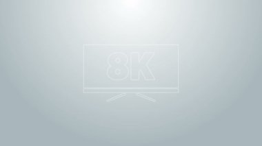 Gri arkaplanda 8k Ultra HD video teknolojisi ikonu bulunan mavi çizgi ekran televizyon. 4K Video hareketli grafik canlandırması