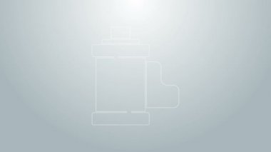 Mavi çizgi kamera klasik film rulo kartuş simgesi gri arkaplanda izole edildi. 35 mm 'lik film kutusu. Film şeridi fotoğrafçı ekipmanı. 4K Video hareketli grafik canlandırması