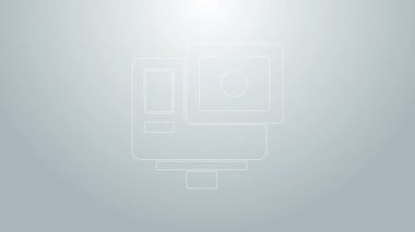 Mavi çizgi Eylem ekstrem kamera simgesi gri arkaplanda izole edildi. Ekstrem sporları çekmek için video kamera ekipmanı. 4K Video hareketli grafik canlandırması