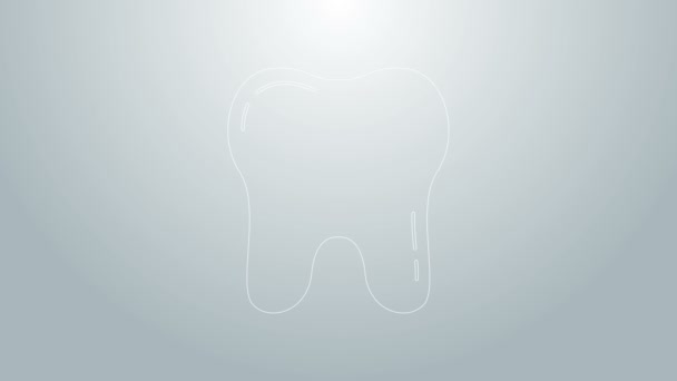 Línea azul Icono de diente aislado sobre fondo gris. Símbolo dental para clínica de odontología o centro médico dentista y paquete de pasta de dientes. Animación gráfica de vídeo 4K — Vídeos de Stock