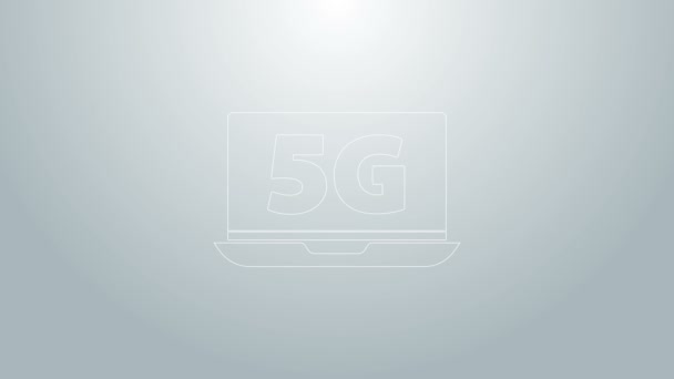 グレーの背景に隔離された5G新しいワイヤレスインターネット無線LANアイコンを備えたブルーラインノートパソコン。グローバルネットワーク高速接続データレート技術。4Kビデオモーショングラフィックアニメーション — ストック動画