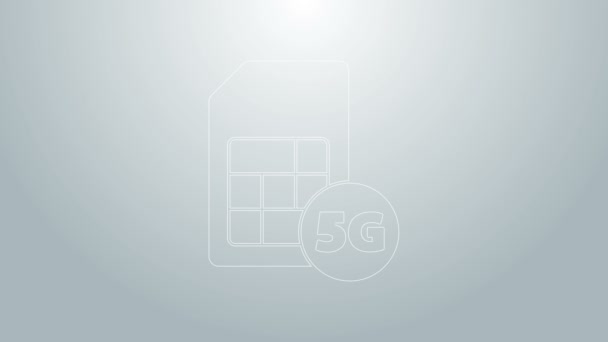 Modrá čára 5G Sim Card ikona izolovaná na šedém pozadí. Mobilní a bezdrátové komunikační technologie. Elektronické připojení síťových čipů. Grafická animace pohybu videa 4K — Stock video