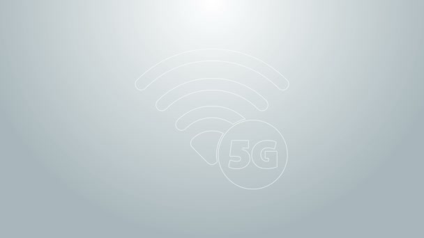 Blauwe lijn 5G nieuwe draadloze internet wifi-aansluiting pictogram geïsoleerd op grijze achtergrond. Wereldwijd netwerk hoge snelheid verbinding datasnelheid technologie. 4K Video motion grafische animatie — Stockvideo