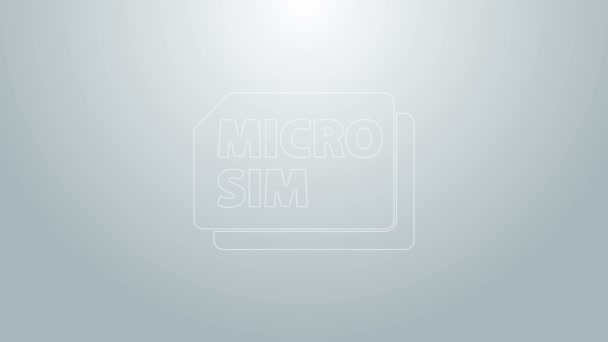 Linea blu Micro Sim Card icona isolata su sfondo grigio. Tecnologie di comunicazione mobile e wireless. Connessione elettronica a chip di rete. Animazione grafica 4K Video motion — Video Stock