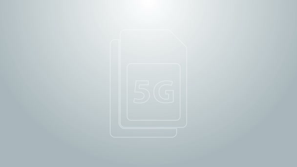 Línea azul 5G Icono de tarjeta SIM aislado sobre fondo gris. Tecnologías de comunicación móviles e inalámbricas. Conexión electrónica de chip de red. Animación gráfica de vídeo 4K — Vídeo de stock