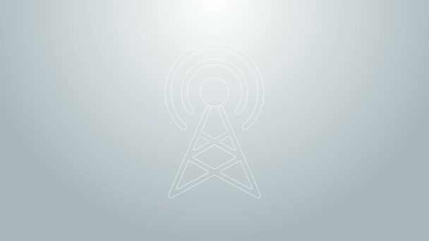 Blaue Linie Antennensymbol isoliert auf grauem Hintergrund. Funkantenne drahtlos. Technologie und Netzwerksignalfunkantenne. 4K Video Motion Grafik Animation — Stockvideo