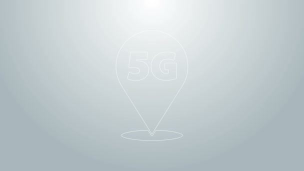 Blå linje Lokasjon 5G nytt trådløst Internett trådløst tilkoblingsikon isolert på grå bakgrunn. Datahastighetsteknologi for høyhastighetstilkopling i verdensomspennende nett. 4K Video motion grafisk animasjon – stockvideo