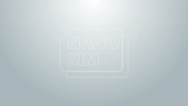 Linha azul ícone Nano Sim Card isolado no fundo cinza. Tecnologias de comunicação móvel e sem fio. Conexão eletrônica de chip de rede. Animação gráfica em movimento de vídeo 4K — Vídeo de Stock