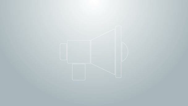 Línea azul Icono de megáfono aislado sobre fondo gris. Firma del portavoz. Animación gráfica de vídeo 4K — Vídeos de Stock