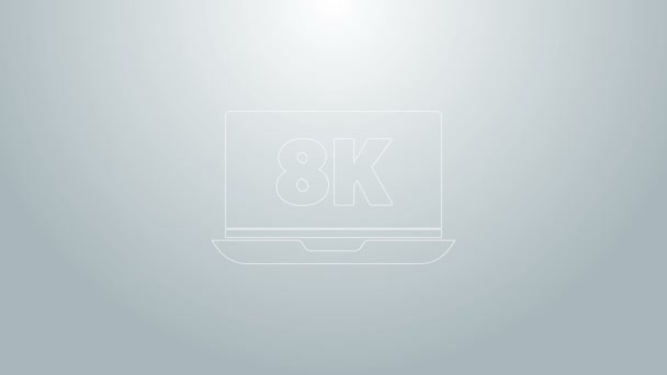 蓝线笔记本电脑屏幕与8k视频技术图标隔离在灰色背景。4K视频运动图形动画 — 图库视频影像