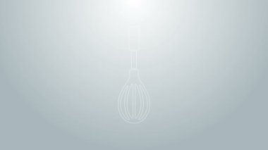 Mavi çizgi Mutfak çırpma simgesi gri arkaplanda izole edildi. Mutfak aletleri, yumurta çırpıcı. Çatal bıçak seti. Yemek karışımı sembolü. 4K Video hareketli grafik canlandırması