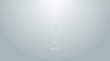 Mavi çizgi karıştırıcı simgesi gri arkaplanda izole edildi. Mutfak elektrikli kırıcı ve kase. Meyve suyu, kokteyl ya da meyve suyu. 4K Video hareketli grafik canlandırması