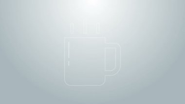 Mavi çizgi kahve fincanı simgesi gri arkaplanda izole edilmiş. Çay fincanı. Sıcak içecek kahvesi. 4K Video hareketli grafik canlandırması