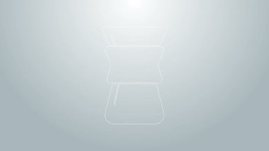 Mavi çizgi, gri arka planda izole edilmiş kahve makinesi ikonunun üzerine dökülüyor. Alternatif kahve demleme yöntemleri. Kahve kültürü. 4K Video hareketli grafik canlandırması