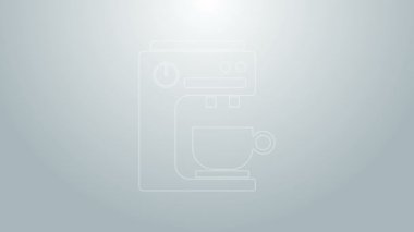 Mavi çizgi kahve makinesi simgesi gri arkaplanda izole edildi. 4K Video hareketli grafik canlandırması