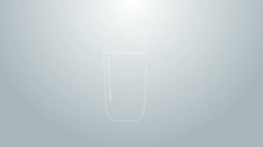 Mavi çizgi milkshake simgesi gri arkaplanda izole edildi. Kapaklı ve samanlı plastik bardak. 4K Video hareketli grafik canlandırması