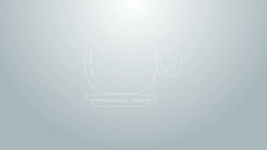 Mavi çizgi kahve fincanı simgesi gri arkaplanda izole edilmiş. Çay fincanı. Sıcak içecek kahvesi. 4K Video hareketli grafik canlandırması
