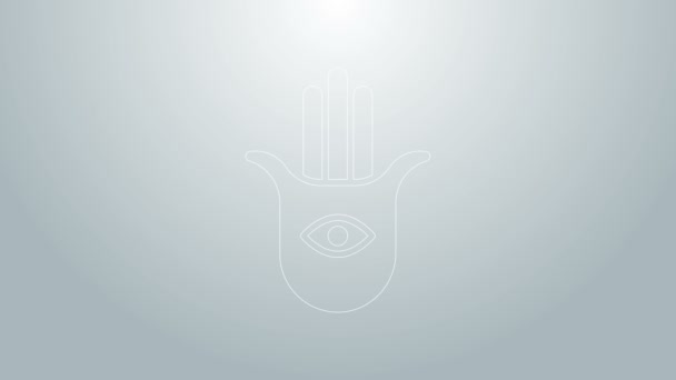 Ligne bleue Hamsa icône de la main isolé sur fond gris. Main de Fatima - amulette, symbole de protection contre les yeux du diable. Animation graphique de mouvement vidéo 4K — Video