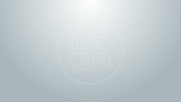 Línea azul Esvástica hindú símbolo religioso icono aislado sobre fondo gris. Animación gráfica de vídeo 4K — Vídeos de Stock