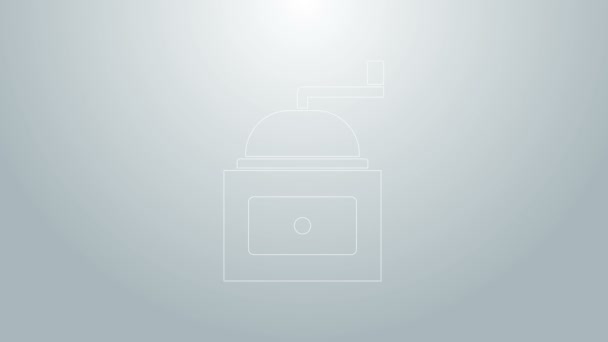 Blå linje Manuell kaffekvarn ikon isolerad på grå bakgrund. 4K Video motion grafisk animation — Stockvideo