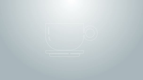 Niebieska linia Kawa filiżanka ikona izolowane na szarym tle. Filiżanka. Gorąca kawa. 4K Animacja graficzna ruchu wideo — Wideo stockowe