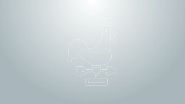 Línea azul Icono de veleta de gallo aislado sobre fondo gris. Señal Weathercock. Gallo de Windvane. Animación gráfica de vídeo 4K — Vídeo de stock