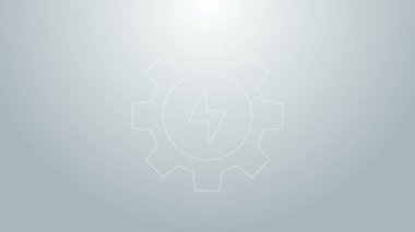 Mavi çizgi dişlisi ve şimşek ikonu gri arka planda izole edildi. Elektrik gücü. Şimşek işareti. 4K Video hareketli grafik canlandırması