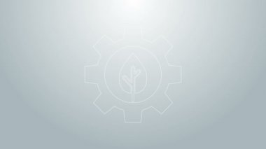 Mavi çizgi Yaprak bitki ekolojisi vites makinesi ikonu gri arka planda izole edildi. Çevre dostu teknoloji. Dünya Çevre Günü etiketi. 4K Video hareketli grafik canlandırması
