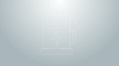 Mavi hat elektrikli araba şarj istasyonu simgesi gri arka planda izole edildi. Eko elektrik yakıt pompası tabelası. 4K Video hareketli grafik canlandırması