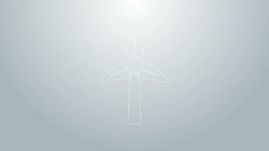 Mavi çizgi rüzgar türbini simgesi gri arkaplanda izole edildi. Rüzgar jeneratörü işareti. Elektrik üretimi için yel değirmeni. 4K Video hareketli grafik canlandırması
