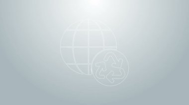 Mavi çizgi Gezegen Dünya ve gri arka planda izole edilmiş bir geri dönüşüm ikonu. Çevresel konsept. 4K Video hareketli grafik canlandırması
