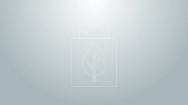 Gri zemin üzerinde geri dönüşüm simgesi olan mavi çizgi kâğıt alışveriş torbası. Geri dönüşüm sembollü çanta. 4K Video hareketli grafik canlandırması