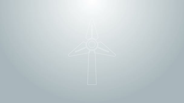 Blaue Linie Windenergieanlage Symbol isoliert auf grauem Hintergrund. Windgenerator-Schild. Windmühle zur Stromerzeugung. 4K Video Motion Grafik Animation — Stockvideo