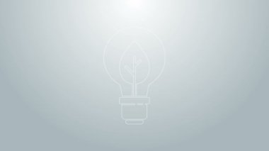Gri arkaplanda yaprak simgesi olan mavi çizgi lambası. Çevre enerjisi kavramı. Alternatif enerji kavramı. 4K Video hareketli grafik canlandırması