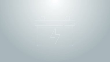 Mavi çizgi araba akü ikonu gri arkaplanda izole edildi. Akümülatör bataryası enerji ve elektrik akümülatörü bataryası. 4K Video hareketli grafik canlandırması