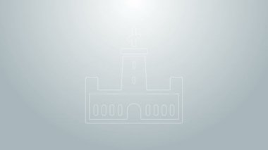 Mavi çizgi Montjuic kale ikonu gri arka planda izole edildi. Barselona, İspanya. 4K Video hareketli grafik canlandırması