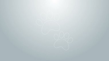 Mavi çizgi Paw yazdırma simgesi gri arkaplanda izole edildi. Köpek ya da kedi pençesi izi. Hayvan izleri. 4K Video hareketli grafik canlandırması