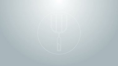 Mavi çizgili bahçe dirgen simgesi gri arkaplanda izole edilmiş. Bahçe çatalı işareti. Bahçecilik, tarım, çiftçilik aleti. 4K Video hareketli grafik canlandırması