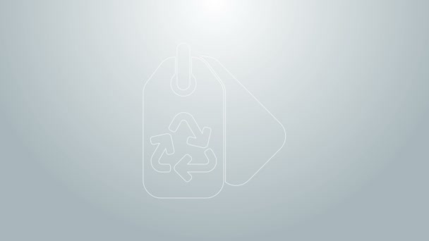 Blaue Linie Tag mit Recycling-Symbol auf grauem Hintergrund isoliert. Banner, Etikett, Etikett, Logo, Aufkleber für Ökogrün. 4K Video Motion Grafik Animation — Stockvideo