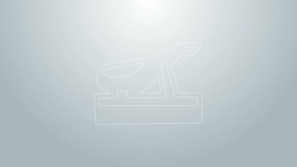 Modrá čára španělský jamon na dřevěné jamonera ikonu izolované na šedém pozadí. Grafická animace pohybu videa 4K — Stock video