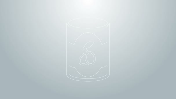 Línea azul Aceitunas en lata icono aislado sobre fondo gris. Concepto de comida enlatada. Animación gráfica de vídeo 4K — Vídeos de Stock