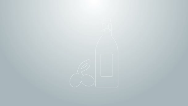 Línea azul Botella de aceite de oliva icono aislado sobre fondo gris. Jarra con icono de aceite de oliva. Animación gráfica de vídeo 4K — Vídeos de Stock