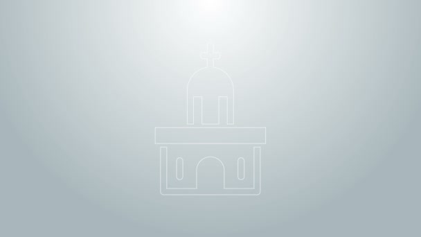 Blå linje kyrka byggnad ikon isolerad på grå bakgrund. Kristna kyrkan. Kyrkans religion. 4K Video motion grafisk animation — Stockvideo