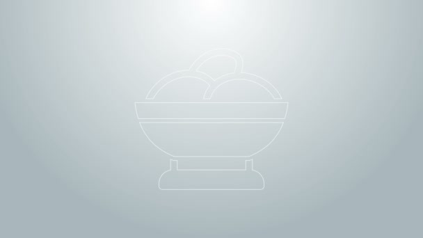 Línea azul Varenyky en un icono de tazón aislado sobre fondo gris. Pierogi, varenyky, dumpling, pelmeni, ravioli. Comida tradicional ucraniana. Animación gráfica de vídeo 4K — Vídeo de stock