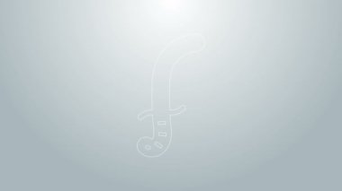 Mavi çizgi Ortaçağ kılıç simgesi gri arka planda izole edildi. Ortaçağ silahı. 4K Video hareketli grafik canlandırması