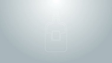 Mavi çizgili cam şişe votka ikonu gri arka planda izole edilmiş. 4K Video hareketli grafik canlandırması