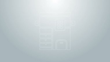 Mavi çizgi Ofis çok işlevli yazıcı fotokopi makinesi simgesi gri arkaplanda izole edildi. 4K Video hareketli grafik canlandırması