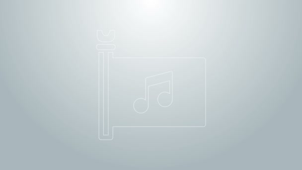Modrá čára Hudební festival, přístup, vlajka, hudební poznámka ikona izolované na šedém pozadí. Grafická animace pohybu videa 4K — Stock video