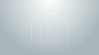 Mavi çizgi evrak çantası ve para ikonu gri arka planda izole edildi. İş ilanı. İş portföyü. Finansal yönetim. 4K Video hareketli grafik canlandırması