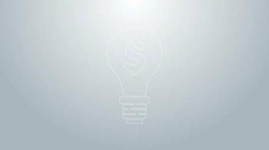 Gri arkaplanda dolar sembolü olan mavi çizgi lambası. Para fikir üretir. Fintech yenilik konsepti. 4K Video hareketli grafik canlandırması